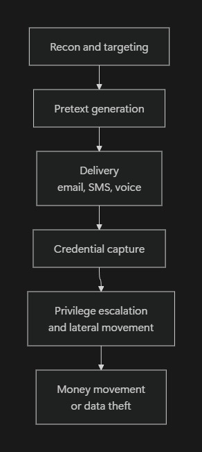 Attack funnel diagram in six steps: recon and targeting; pretext generation; delivery by email, SMS or voice; credential capture; privilege escalation and lateral movement; and money movement or data theft.