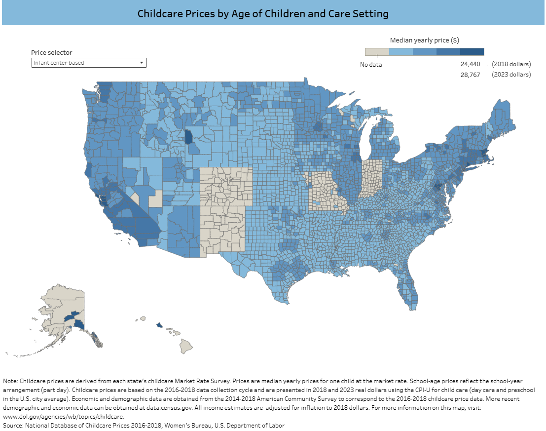 U.S. Department of Labor Women’s Bureau county map titled Childcare Prices by Age of Children and Care Setting, showing median yearly prices for infant center-based care from the National Database of Childcare Prices 2016-2018. Darker blue counties have higher prices; some counties, including much of Colorado, Missouri and Indiana, show no data.